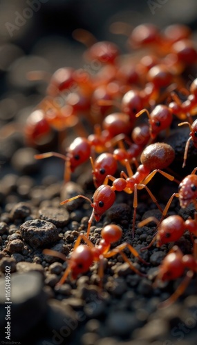 Red fire ants in a beautifully organized colony, ecosystem, red photo