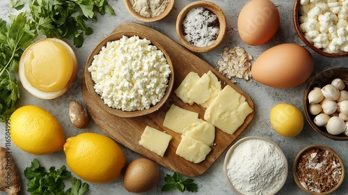 Overhead shot of various dairy products, eggs, lemons, and other ingredients for cooking or baking.
