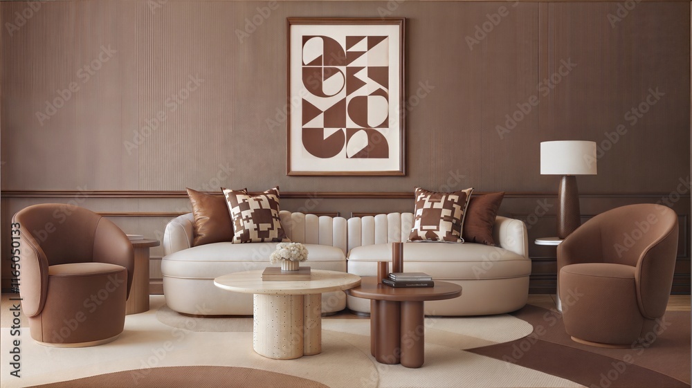 Fototapeta premium Modern interior japandi style design living room. Lighting and sunny scandinavian apartment with plaster and wood. in Pantone color of the year 2025 Mocha Mousse.