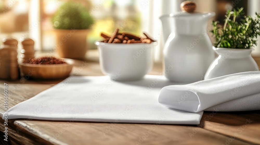 Empty tablecloth on wood table and spices Empty tablecloth on wood table and spices
