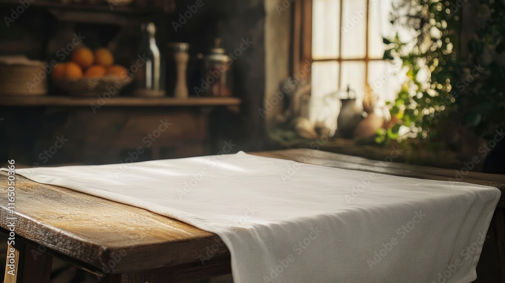 Empty tablecloth on wood table and spices Empty tablecloth on wood table and spices