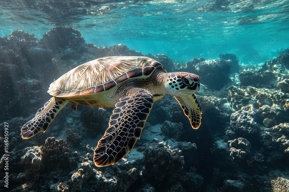 Obraz premium Sea Turtle Gracefully Swimming Above a Coral Reef in Clear Ocean Waters During Daylight Hours