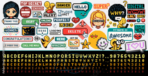 Pixel art font and stickers. Pixelated icons, buttons and pixel perfect illustrations vector set 