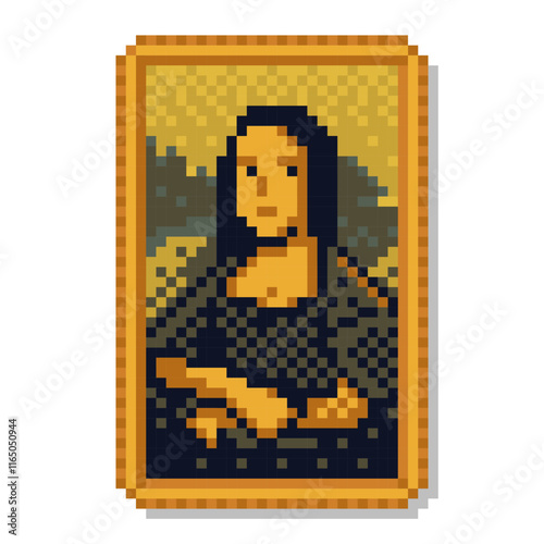 Pixel art female portrait painting. Picture inspired from Mona Lisa painted  by Leonardo da Vinci. Framed masterpiece vector illustration