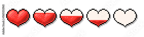 Pixel art health bar level icon. Heart scale for 8 bit retro arcade game vector set