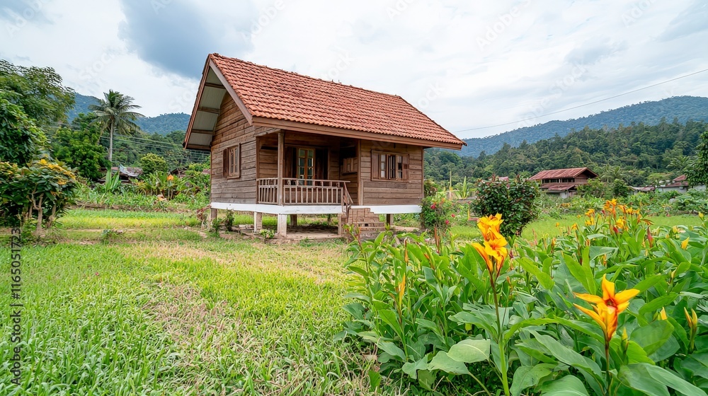 Cozy wooden house surrounded by lush greenery and vibrant flowers in nature Cozy wooden house surrounded by lush greenery and vibrant flowers in nature