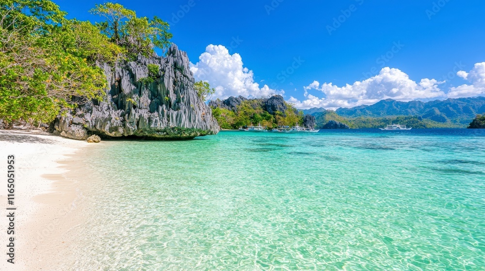 Fototapeta premium Serene Tropical Beach with Crystal Clear Water and Majestic Rock Formation