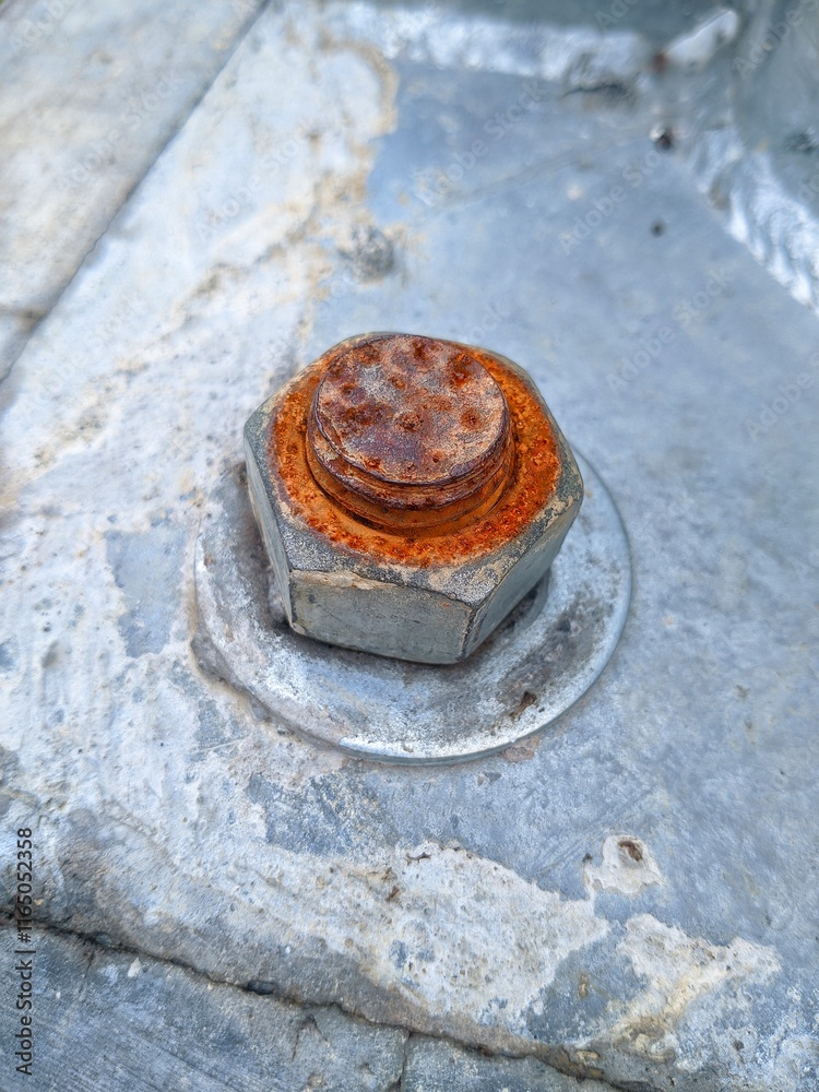 Close-up of a weathered, rusty bolt head protruding from a concrete surface, showcasing the effects of time and exposure to the elements. Texture and detail are emphasized. Close-up of a weathered, rusty bolt head protruding from a concrete surface, showcasing the effects of time and exposure to the elements. Texture and detail are emphasized.