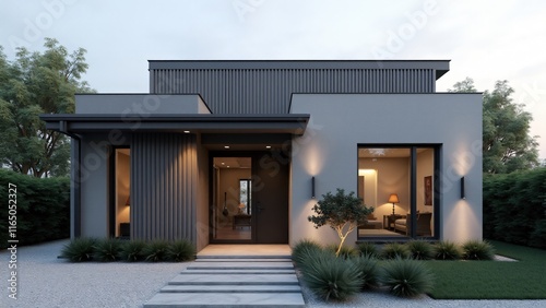 Wallpaper Mural Minimalist house façade with gray and white tones, smooth concrete walls, black-framed windows, frameless glass door, sleek flat roof, gravel landscaping, and linear LED lighting Torontodigital.ca