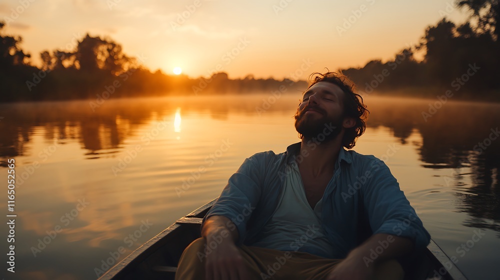 A man sitting peacefully in a small boat, floating on a calm river at dawn, his eyes closed and a serene smile on his face, with the misty landscape reflecting on the still water. --ar 16:9 A man sitting peacefully in a small boat, floating on a calm river at dawn, his eyes closed and a serene smile on his face, with the misty landscape reflecting on the still water. --ar 16:9