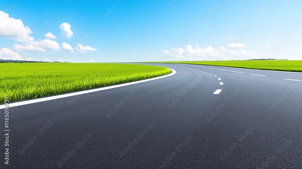 Fototapeta premium A winding road through a green landscape under a clear blue sky.