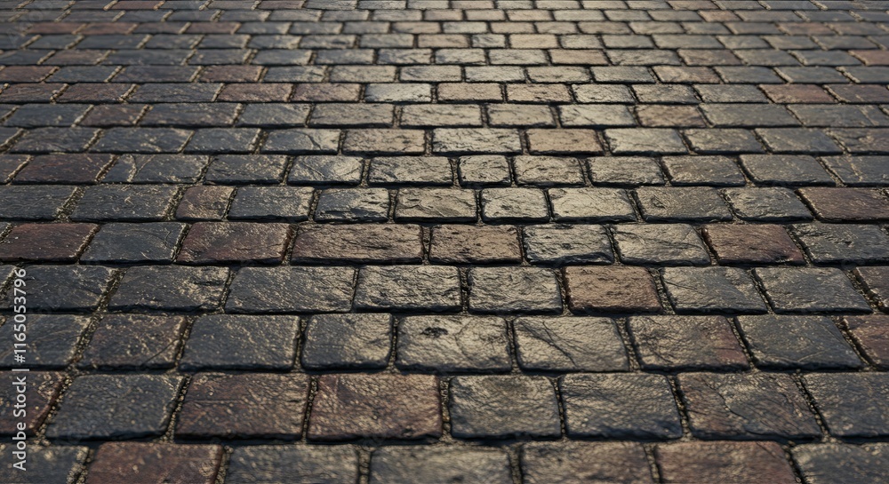 Worn cobblestone street texture with smooth surfaces and weathered edges Worn cobblestone street texture with smooth surfaces and weathered edges