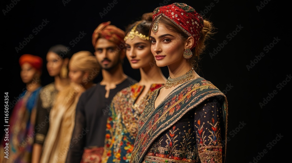 Indian fashion and apparel industry, a runway show featuring modern and traditional Indian garments designed by local talent Indian fashion and apparel industry, a runway show featuring modern and traditional Indian garments designed by local talent
