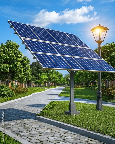 Modern Solar Energy Panel Installation Along a Scenic Walking Path Surrounded by Lush Greenery and a Vintage Street Lamp Under a Bright Blue Sky photo