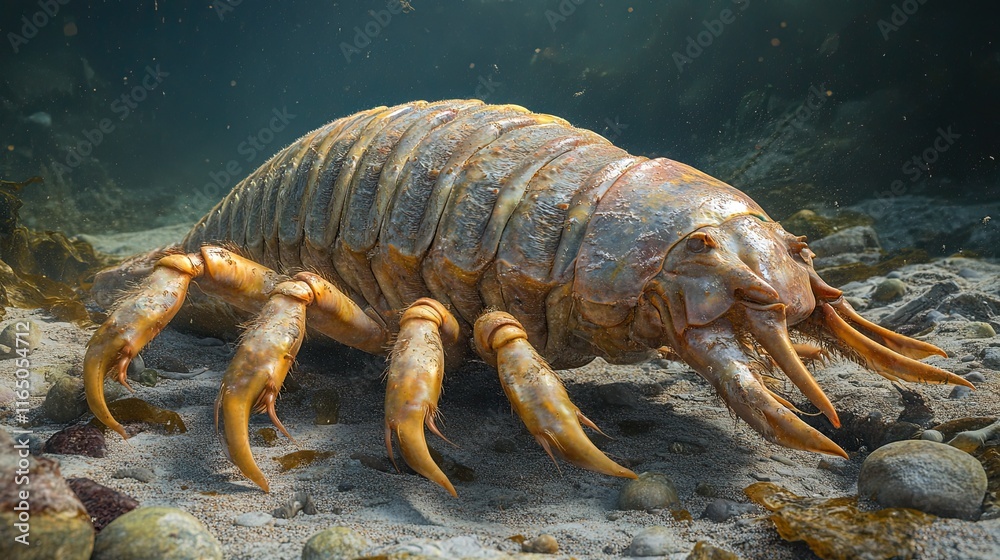 A 3D illustration of the prehistoric marine creature Sidneyia, showcasing this ancient arthropod and its role in Earth's early marine ecosystems, offering insight into prehistoric aquatic life form A 3D illustration of the prehistoric marine creature Sidneyia, showcasing this ancient arthropod and its role in Earth's early marine ecosystems, offering insight into prehistoric aquatic life form