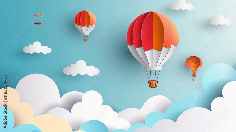 A whimsical scene of colorful hot air balloons floating among soft clouds in a blue sky.
