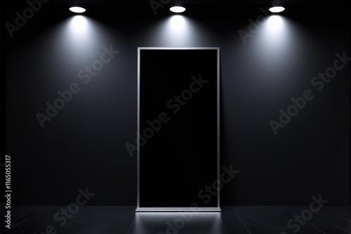 a dimly lit room with a black door and three spotlights photo