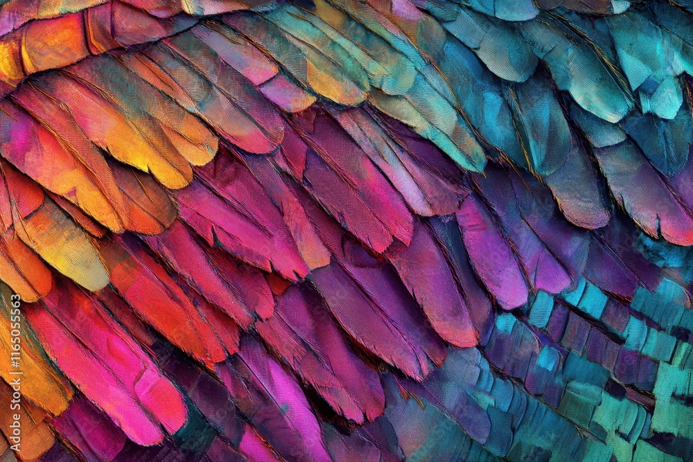 Fototapeta premium Colorful Display of Vibrant Feathers in a Radiant Blend of Hues From Purple to Teal