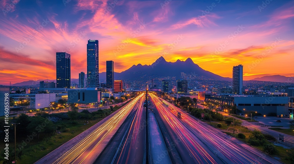 Fototapeta premium A beautiful sunset view over Monterrey with the Puente Atirantado and Cerro de la Silla in the background, capturing the vibrant streets and modern buildings of San Pedro Garza Garc