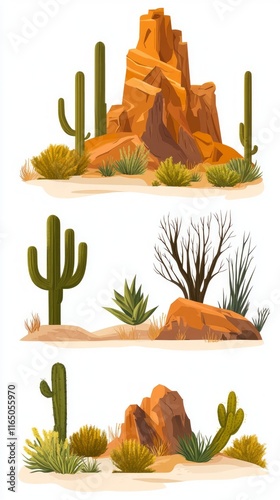 Desert Landscape Illustration with Cacti and Rocks. A Stunning Visual Representation of the Arid Environment. A Perfect Piece for Nature Lovers and Decor Enthusiasts. photo