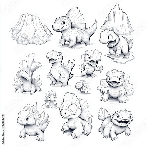 Cute dinosaur sketches ideal for children's books, games, or educational materials.  Features various dinosaur species in a playful style. photo