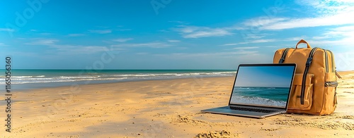 Tranquil Beach Scene with Laptop and Backpack Illustrating Remote Work and Digital Nomad Lifestyle on Sandy Shoreline Under Clear Sky