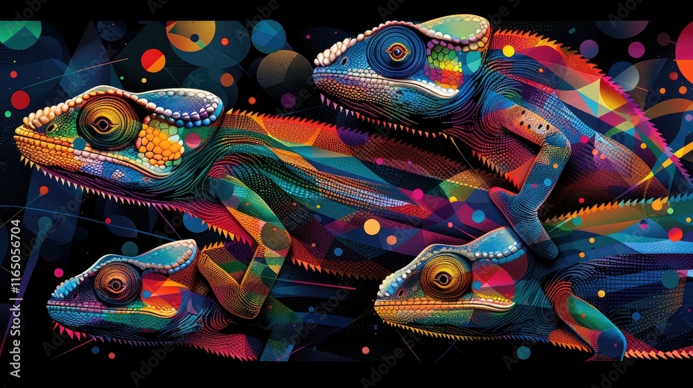 Fototapeta premium A vibrant, abstract depiction of colorful chameleons against a dark background.