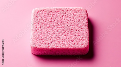Close-up of a square, pink, textured cosmetic sponge on a pink background.