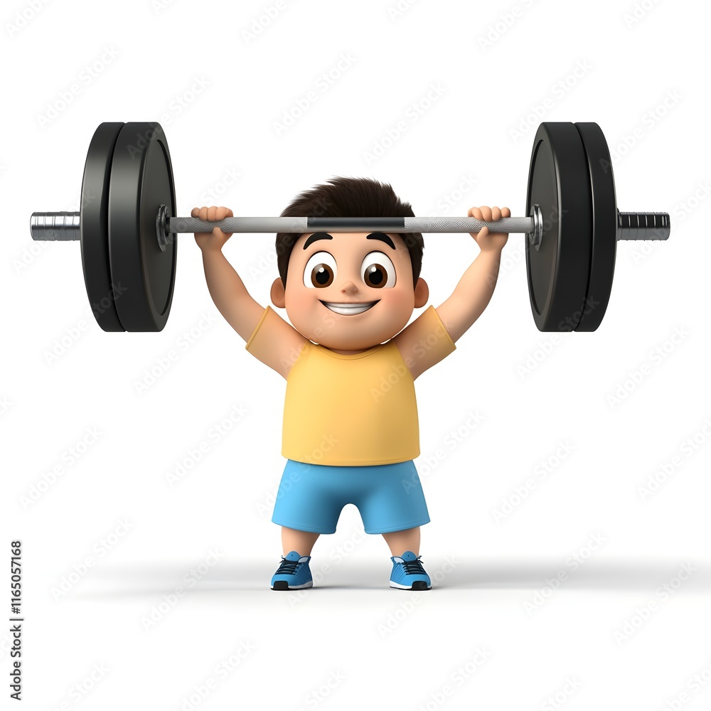 Cartoon boy is lifting a barbell with a smile on his face Cartoon boy is lifting a barbell with a smile on his face