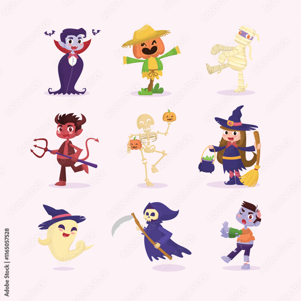 Naklejka premium Cute Halloween Characters Cartoon Illustration