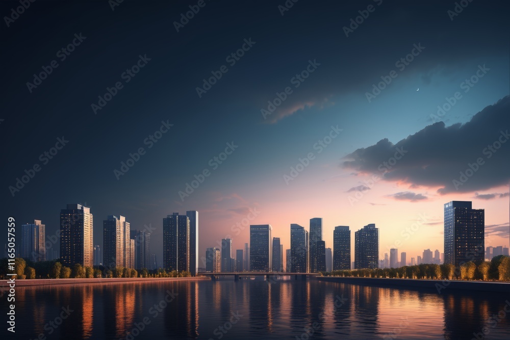 Fototapeta premium buildings are reflected in the water of a river at sunset