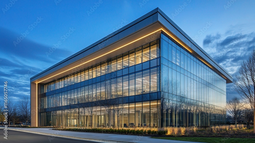 Modern Business Office Building with Wide Glass Curtain Facade Modern Business Office Building with Wide Glass Curtain Facade