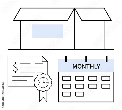 Open package with item receipt, clock badge, and monthly calendar. Ideal for subscription services, e-commerce, retail, scheduling, financial planning logistics delivery management. Simple clear