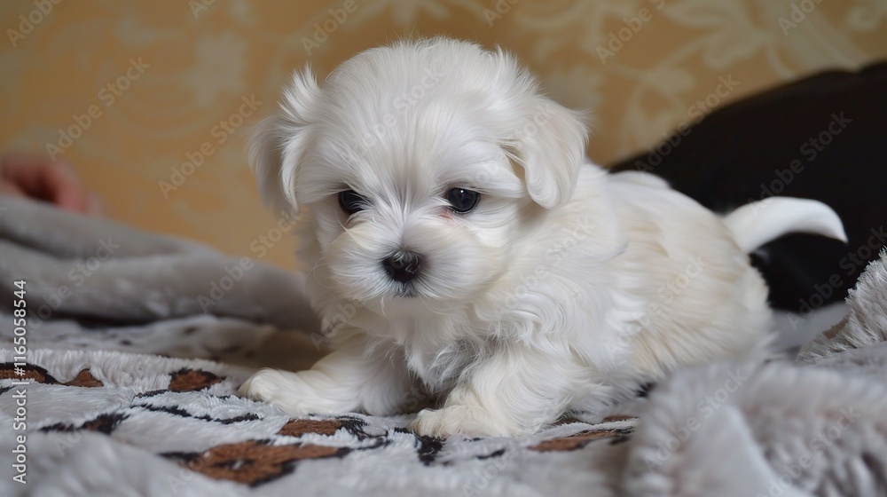 Graceful Maltese with its long, silky white coat sitting prettily, showing its big, dark and expressive eyes along with a tiny black nose. Its floppy ears hang gently Graceful Maltese with its long, silky white coat sitting prettily, showing its big, dark and expressive eyes along with a tiny black nose. Its floppy ears hang gently