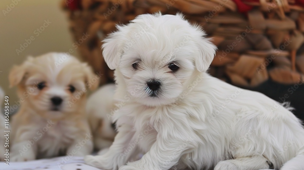 Graceful Maltese with its long, silky white coat sitting prettily, showing its big, dark and expressive eyes along with a tiny black nose. Its floppy ears hang gently Graceful Maltese with its long, silky white coat sitting prettily, showing its big, dark and expressive eyes along with a tiny black nose. Its floppy ears hang gently