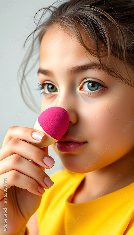 Girl with beauty blender sponge, isometry, with white tones Girl with beauty blender sponge, isometry, with white tones