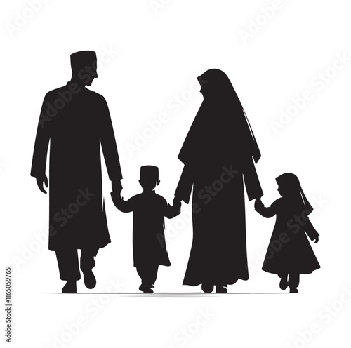 muslim family walking silhouette vector illustration