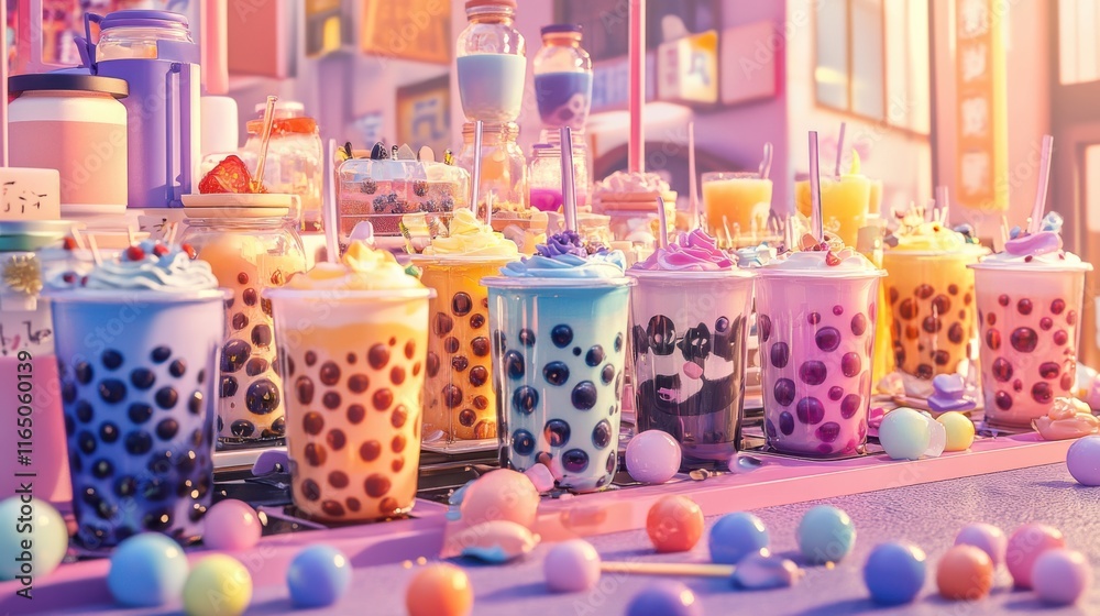 whimsical anime-style boba tea cart, with a variety of bubble teas in fun, colorful cups, surrounded by cute toppings, all set against a pastel-colored city street background whimsical anime-style boba tea cart, with a variety of bubble teas in fun, colorful cups, surrounded by cute toppings, all set against a pastel-colored city street background