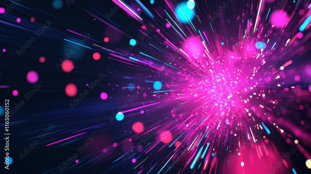 Naklejka premium dynamic abstract background featuring a burst of neon pink, electric blue, and vibrant purple against a deep black backdrop. Glowing lines and scattered dots create a high-energy, futuristic vibe