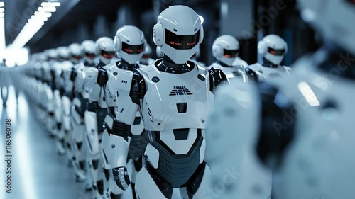 Wallpaper Mural A high-tech assembly line showcasing rows of advanced humanoid robots in a futuristic factory setting, representing cutting-edge AI and automation technology. Torontodigital.ca