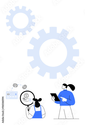 Two individuals examining data one using a magnifying glass, another with a tablet. Large gears in the background emphasize teamwork, troubleshooting, optimization. Ideal for business solutions