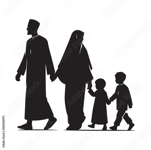 muslim family walking silhouette vector illustration