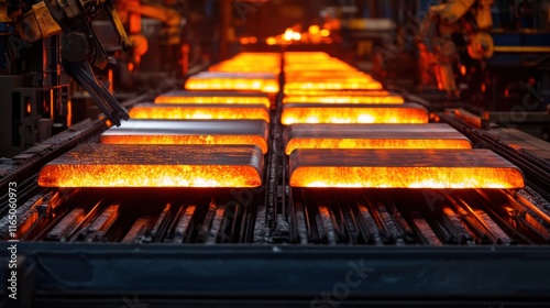 Hot steel slabs cooling on conveyor belts in modern industrial metallurgy factory, showcasing advanced iron processing technology.