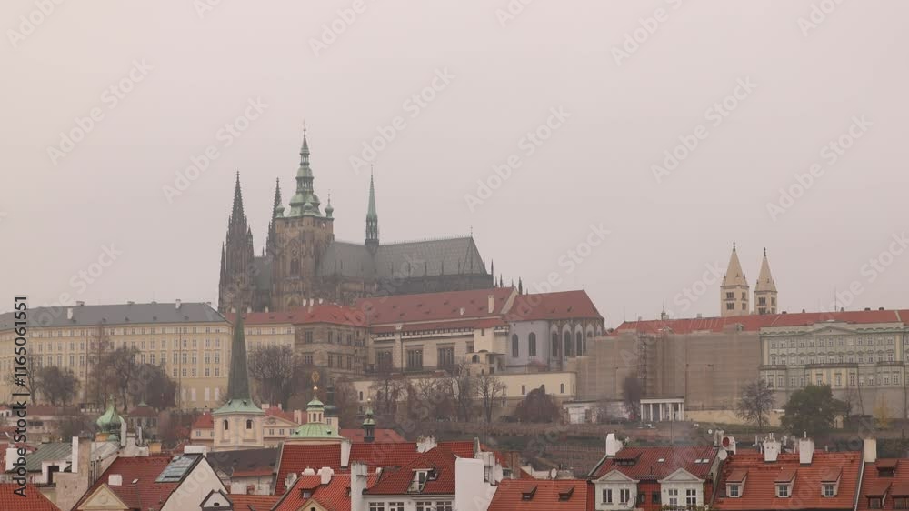 Prague cityscape with winter morning for from Vltava (Moldava) river Stare Mesto Old Town, Czech Republic European Capital , telephoto panoramic footage Prague cityscape with winter morning for from Vltava (Moldava) river Stare Mesto Old Town, Czech Republic European Capital , telephoto panoramic footage