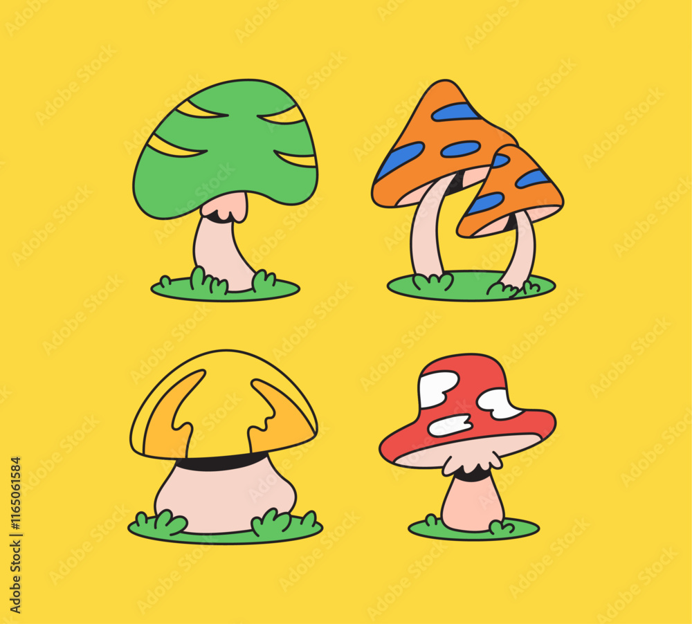 Fototapeta premium Playful Hand-Drawn Icon Cartoon Mushrooms on a Bright Yellow Background