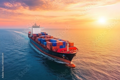 Cargo Ship Navigating Through Calm Waters at Sunset With a Colorful Sky and Stacked Containers on Board photo