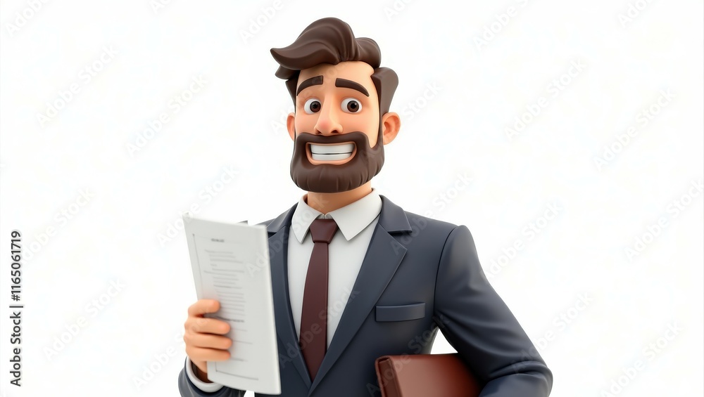 Cartoon male lawyer holding a legal document and smiling, representing expertise and professionalism, great for legal ads. Cartoon male lawyer holding a legal document and smiling, representing expertise and professionalism, great for legal ads.