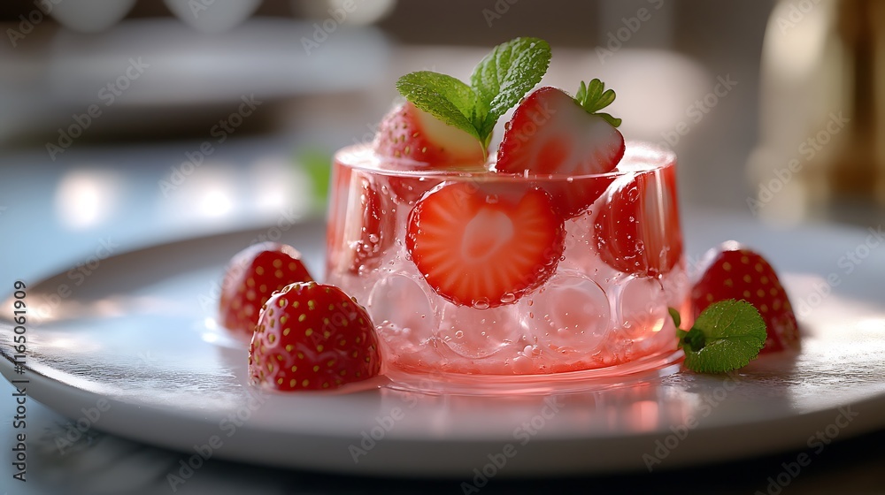 A minimalist plate featuring a single serving of fruit and champagne jelly, with fresh strawberries and mint leaves encased in sparkling gelatin, A minimalist plate featuring a single serving of fruit and champagne jelly, with fresh strawberries and mint leaves encased in sparkling gelatin,