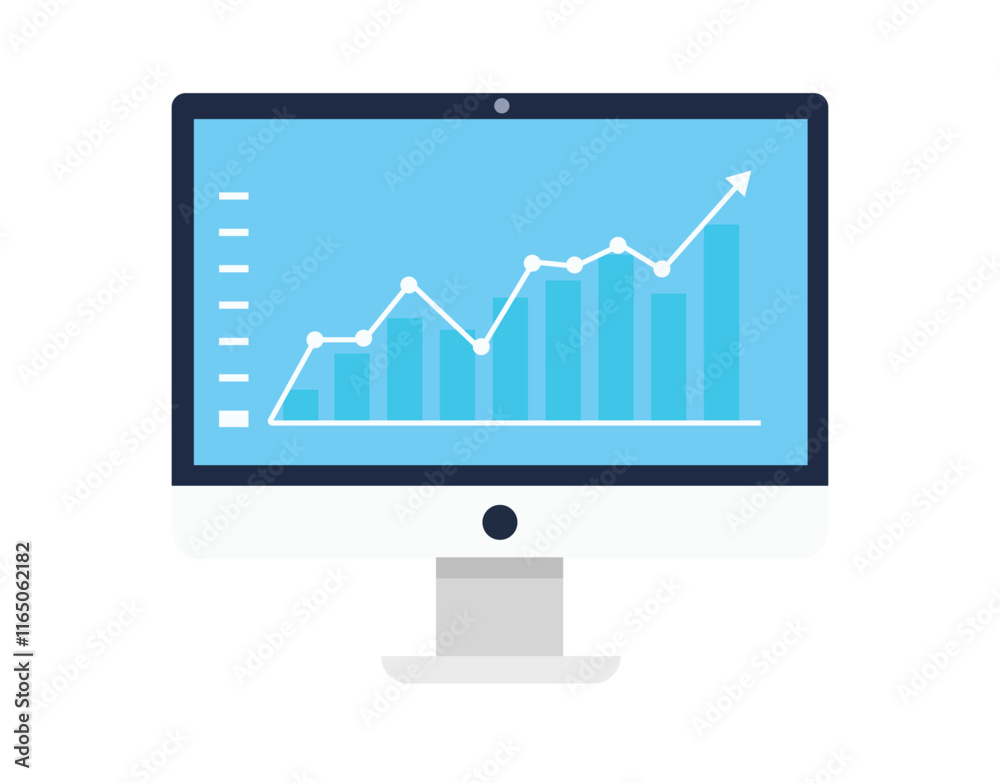Web analytic information on Computer screen flat icon. trend graphs report concept. statistic charts for planning and accounting, analysis, audit, Web analytic information on Computer screen flat icon. trend graphs report concept. statistic charts for planning and accounting, analysis, audit,