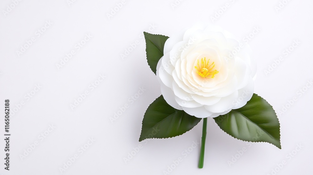 Fototapeta premium A realistic white flower with green leaves on a light background.